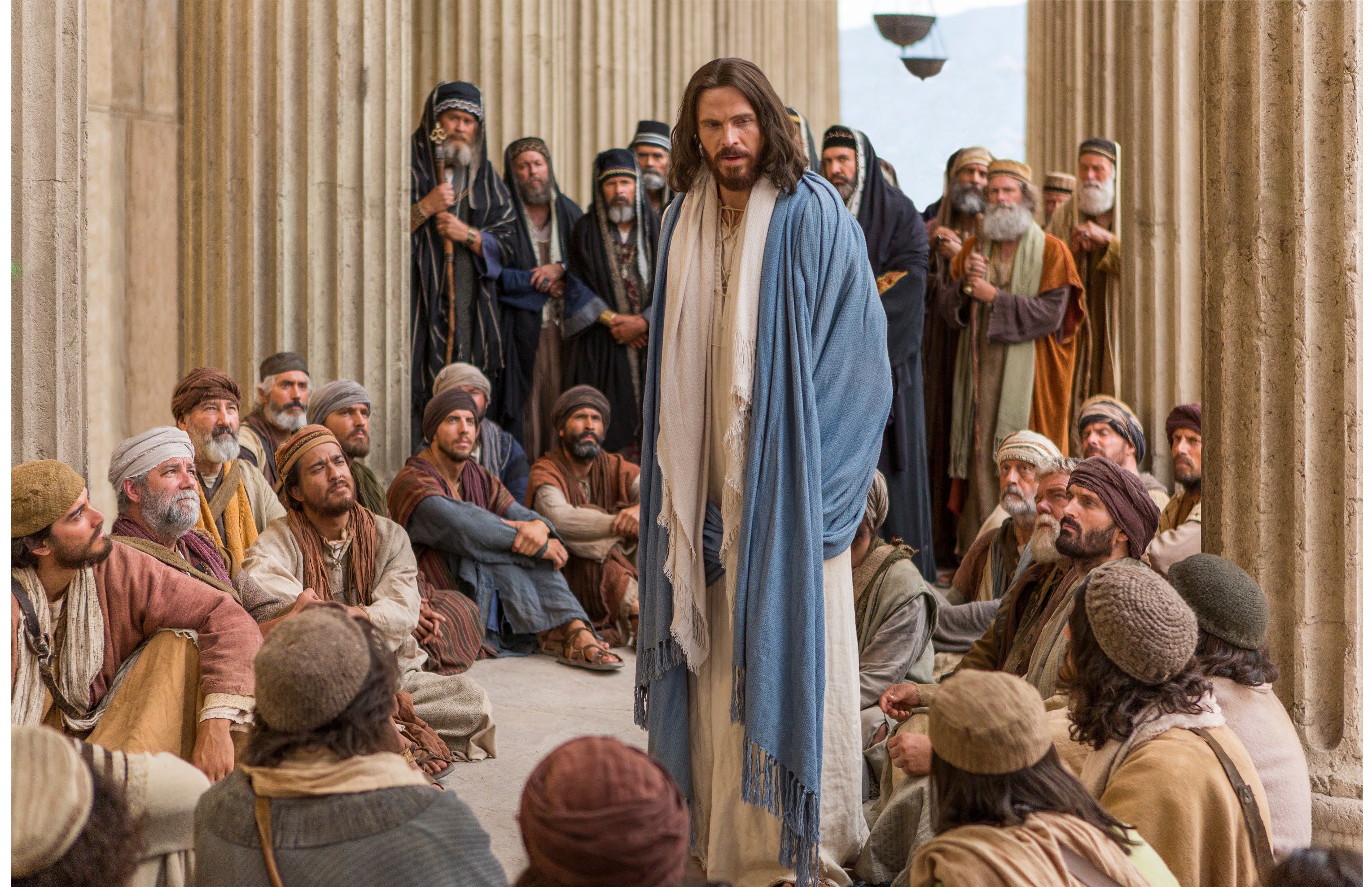 Jesus teaching the people gathered in the temple courts