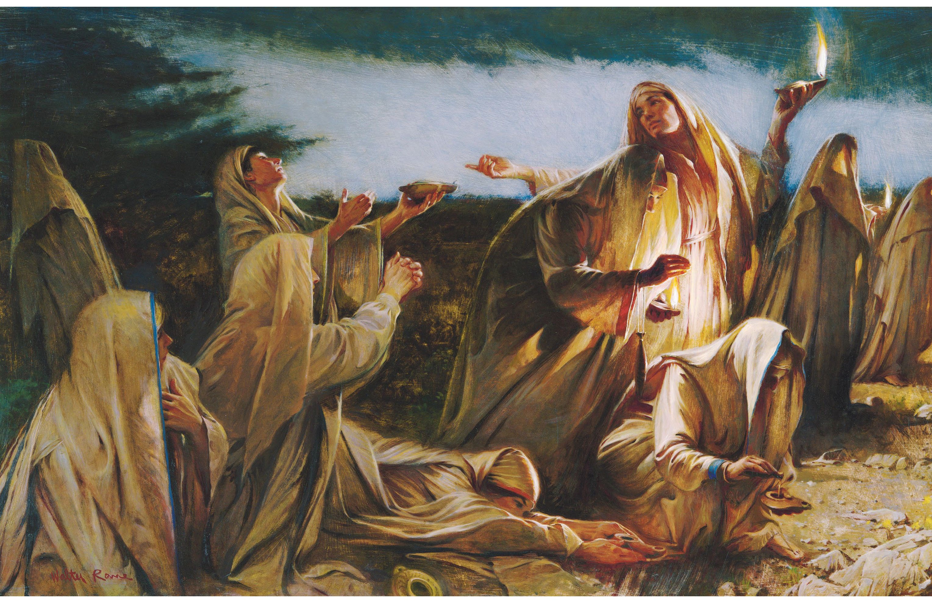 The parable of the ten virgins — five wise with oil, five foolish without